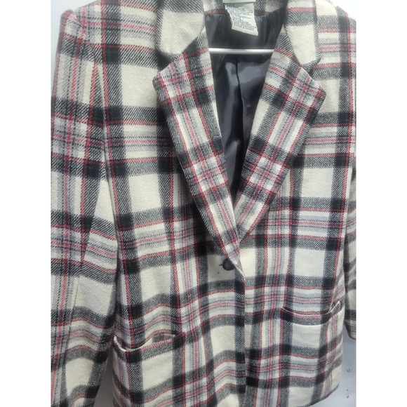 White Stag Jackets & Blazers - White Stag Womens Wool Blend Plaid Blazer Jacket Ivory Black Red W5511652 Size 6